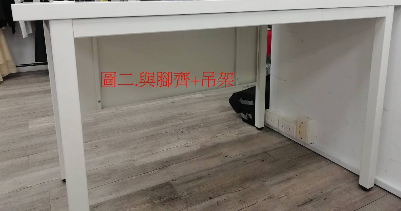 白色桌子正面下方檔板與桌腳切齊，紅字標示「圖二 與腳齊＋吊架」