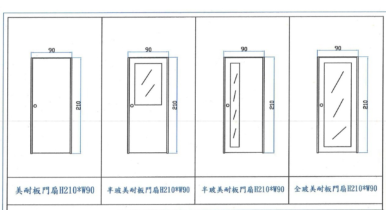 高隔間四款標準門扇皆H210乘W90